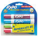 A yellow package of Expo dry erase markers with blue and white writing.