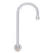 A close-up of a silver Fisher wall mount faucet with a round handle.