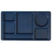 A blue rectangular Cambro serving tray with six compartments.