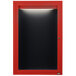 A red cabinet with a black interior and door with a black letter board inside.