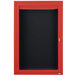 A red aluminum cabinet with a black letter board door.