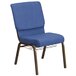 A blue church chair with a metal frame.