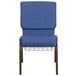A Flash Furniture blue church chair with a metal frame.