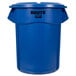 A blue plastic Rubbermaid BRUTE trash can with lid.