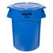 A blue Rubbermaid BRUTE trash can with lid.