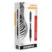 A box of 12 Zebra Sarasa black gel pens with transparent black barrels.