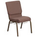 A brown Flash Furniture church chair with a gold metal frame and brown dots.