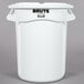 A white plastic Rubbermaid BRUTE container with a lid.