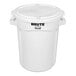 A white Rubbermaid BRUTE round plastic trash can with a lid.