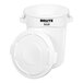 A white Rubbermaid Brute trash can with a lid.