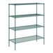 A green metal wire shelving unit with four shelves.