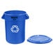 A blue plastic Rubbermaid recycling can with a lid and a recycling symbol.