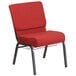 A red Flash Furniture church chair with a metal frame and wire rack.