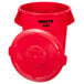 A red Rubbermaid commercial trash can with lid.