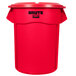 A red Rubbermaid BRUTE trash can with a lid.