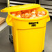 A yellow Rubbermaid BRUTE trash can filled with onions.