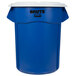 A blue Rubbermaid BRUTE trash can with a white lid.