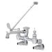 A chrome Fisher wall mounted service sink faucet with lever handles and a garden hose outlet.