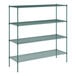 A green wire shelving unit with four shelves.