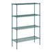 A green metal Regency wire shelving unit with four shelves.