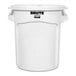 A white plastic Rubbermaid Brute trash can and lid.