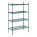 A green metal wire shelving unit with four shelves.