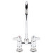 A chrome Equip by T&S deck-mounted faucet with a gooseneck spout and lever handles.