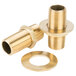 A brass pipe with two threaded brass fittings and a nut.