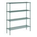 A green metal Regency wire shelving unit with four shelves.