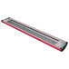 A red and silver Hatco Glo-Ray infrared food warmer with a red and silver curved tube.
