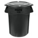 A black Rubbermaid BRUTE trash can with a lid.