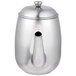 A Vollrath stainless steel teapot with a lid and handle.