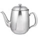 A silver stainless steel Vollrath Orion teapot with a lid.