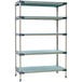 A MetroMax 4 stationary shelving unit with 5 shelves, including a grid shelf.