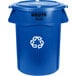 A blue Rubbermaid BRUTE recycling can with a recycle symbol on it.