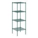 A green wire shelving unit with four shelves.