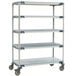 A grey MetroMax 4 metal shelving unit with wheels.