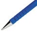 A close-up of a Paper Mate FlexGrip Ultra blue and silver pen.