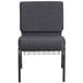 A Flash Furniture dark gray church chair with metal legs and a book rack.