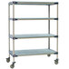 A MetroMax metal shelving unit with wheels.