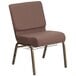 A brown church chair with a gold metal frame and brown dots on the back.