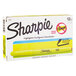 A box of 12 Sharpie fluorescent yellow highlighters with a yellow highlighter pen on the box.
