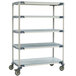 A grey MetroMax 4 shelving unit with wheels.