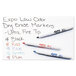 A group of Expo low odor dry erase markers in assorted colors on white paper.