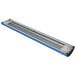 A long blue and silver rectangular Hatco food warmer with blue and silver LED lights.