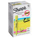 A white box of 12 Sharpie assorted color highlighters with chisel tips.