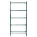 A green Metro stationary wire shelving unit with four shelves.