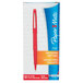 A red Paper Mate Flair pen in a box with a blue and white label.