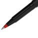 A close-up of a black Uni-Ball pen with a red tip.