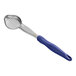 A close-up of a silver Vollrath Jacob's Pride blue perforated oval spoon with a straining bottom.